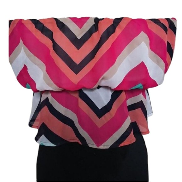 Chiffon Dress Cropped Bright Colored Patterned Mini Dress Chevrons Pull On - Picture 5 of 9